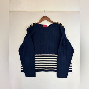 VINTAGE Preppy Striped Sweater Gold Button‎ Knit Navy Blue White Nautical Large